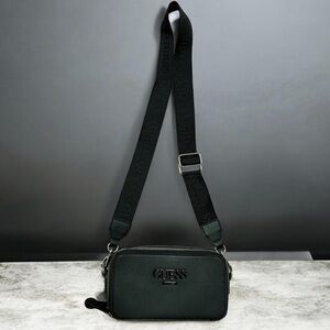 GUESS New York Black Textured Crossbody Camera Bag with Logo Strap